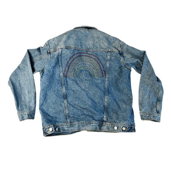 Old Navy Boyfriend Trucker Rainbow Denim Jean Jacket Blue sz MEDIUM - Picture 2 of 10